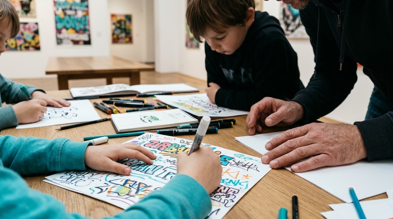 AI-generated image: Workshop “Urban Sketch Circle” with Dejoe — URBAN NATION Museum for urban contemporary art