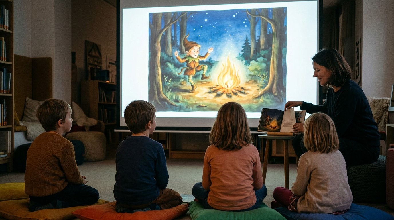 AI-generated image: Picture book show “Who Dances Around the Fire” — Egon-Erwin-Kisch-Bibliothek