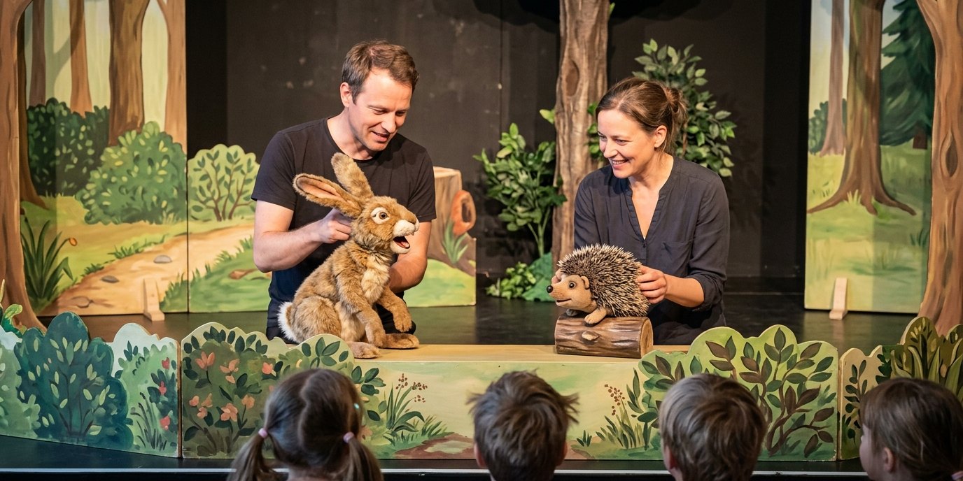 AI-generated image: Puppet show “The Hare and the Hedgehog Race” — Puppentheater Felicio
