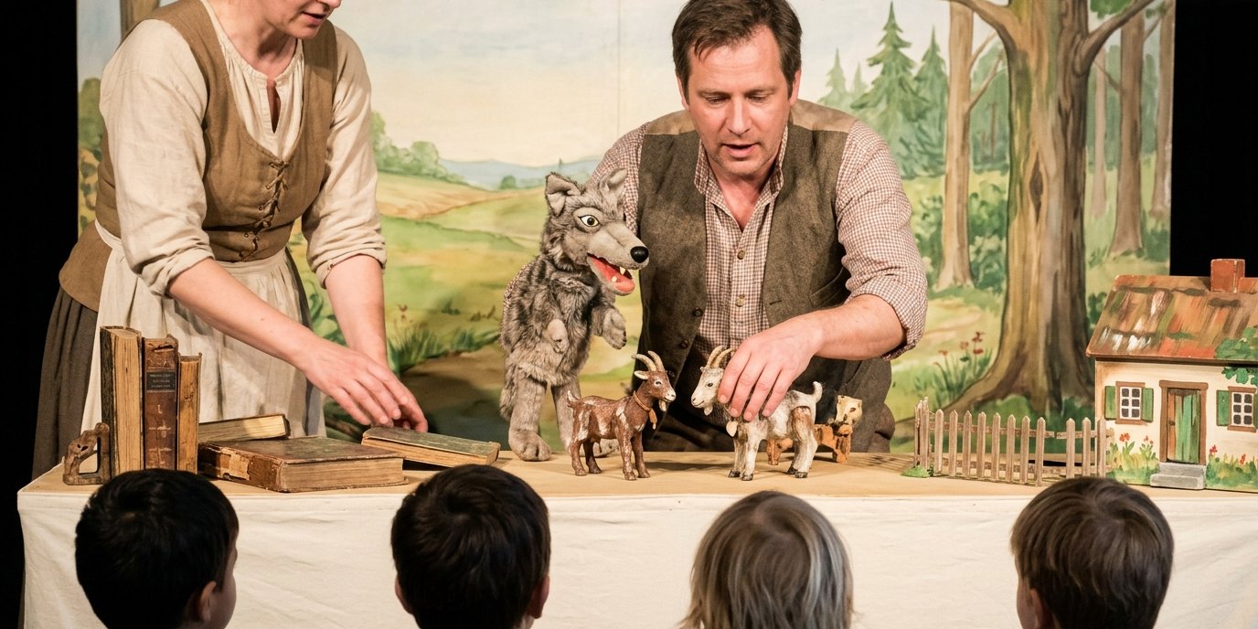 AI-generated image: Puppet show “The Wolf and the Seven Little Goats” — Figurentheater Grashüpfer