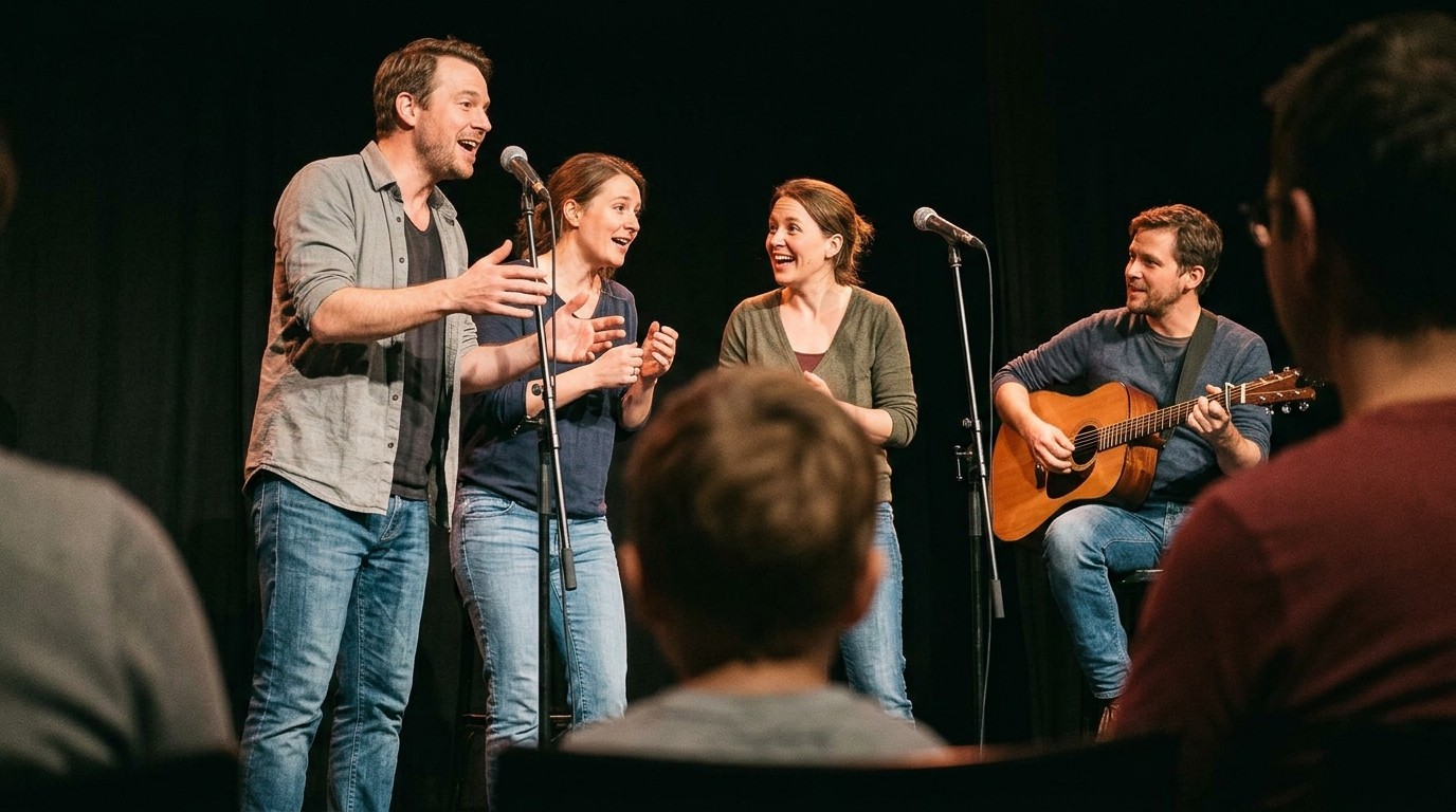 AI-generated image: Improv show “Stories, Songs, Emotions” — Fliegendes Theater