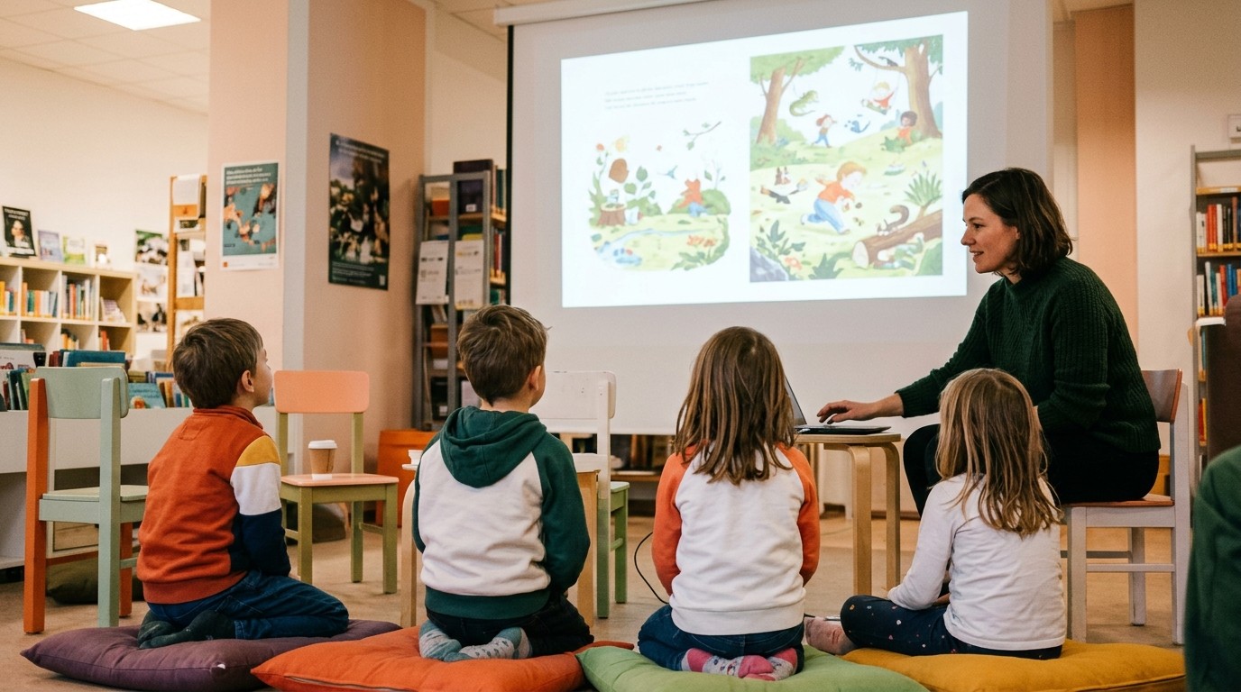 AI-generated image: Picture book cinema & coffee — Familienzentrum Jungfernheide