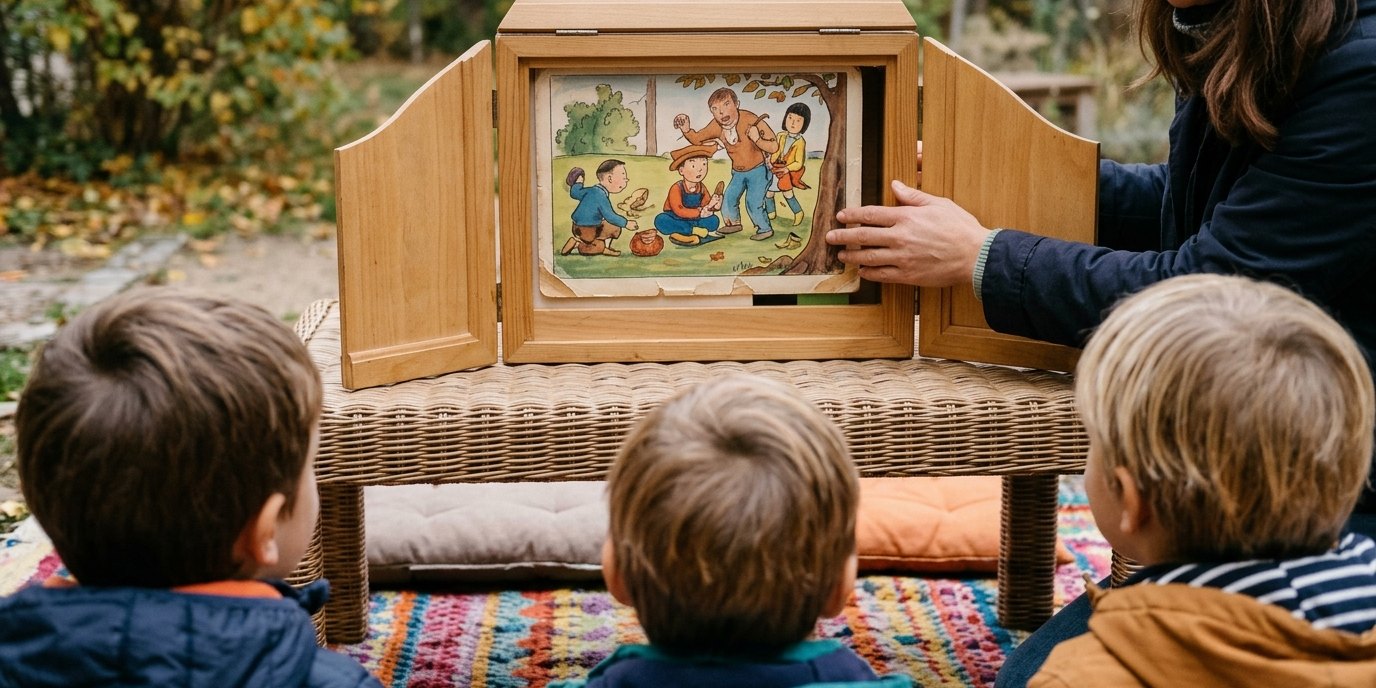 AI-generated image: Kamishibai storytelling theatre — Kurt-Tucholsky-Bibliothek (Pankow)