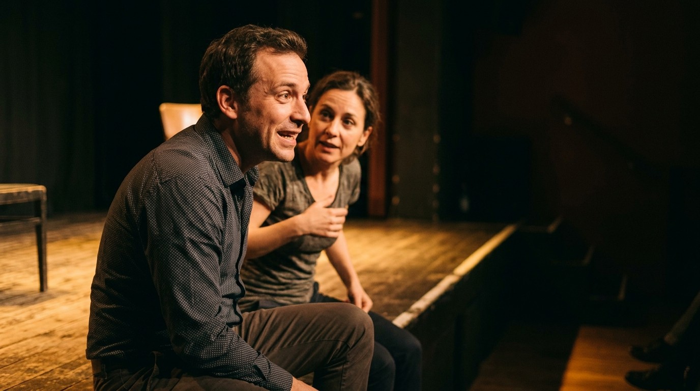 AI-generated image: Spanish improv show “Berlin Es Impro” — Fliegendes Theater