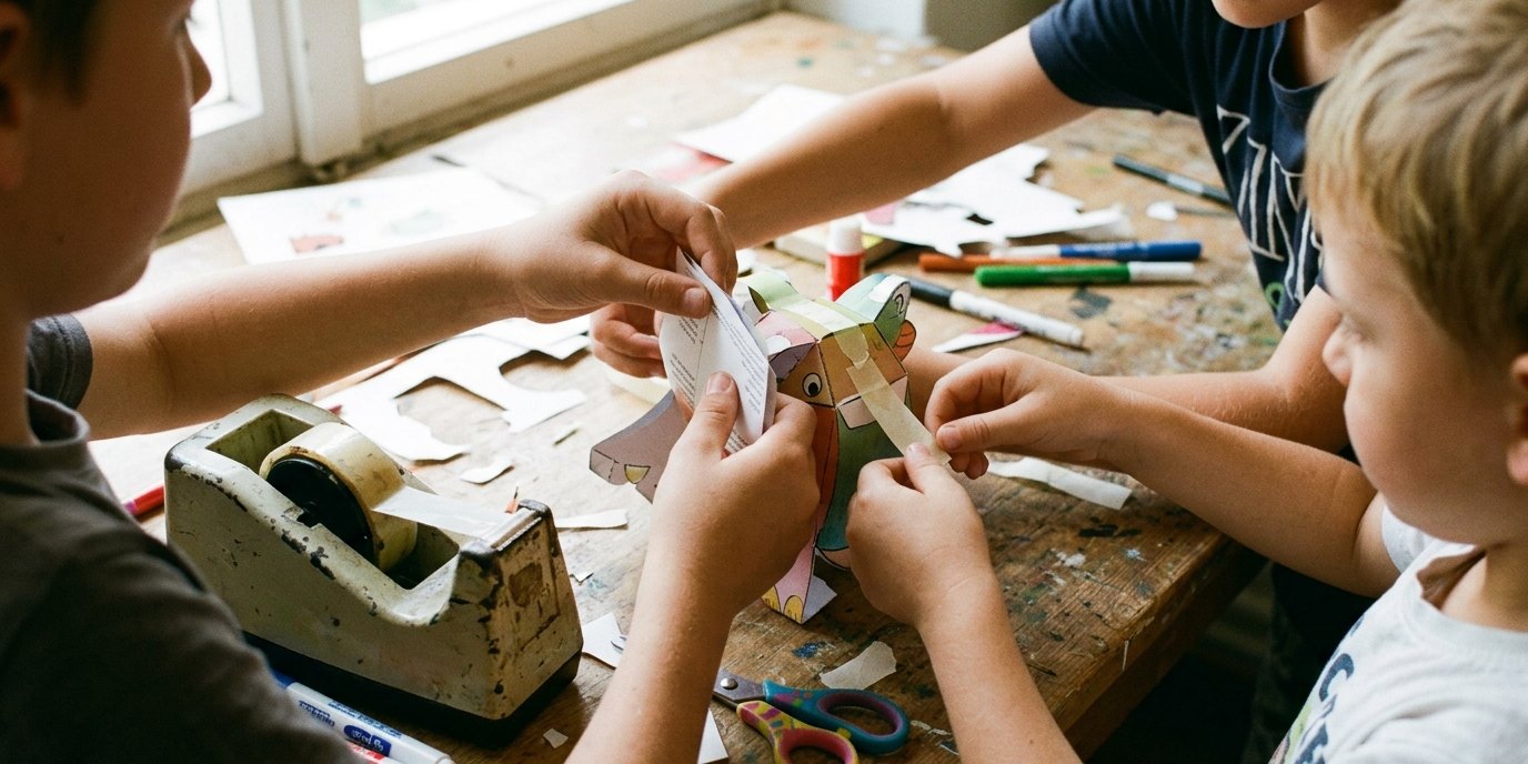 AI-generated image: 3D paper modelling workshop — Schiller-Bibliothek
