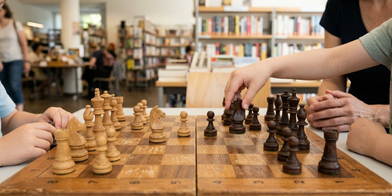 AI-generated image: Chess meetup — Gottfried-Benn-Bibliothek