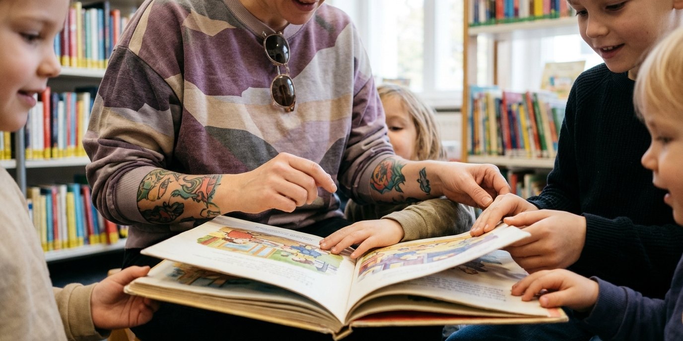 Изображение, созданное ИИ: Чтение на турецком и арабском — Schiller-Bibliothek