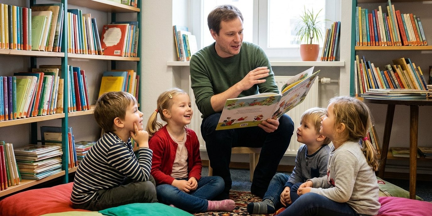 AI-generated image: Storytime — Johanna-Moosdorf-Bibliothek
