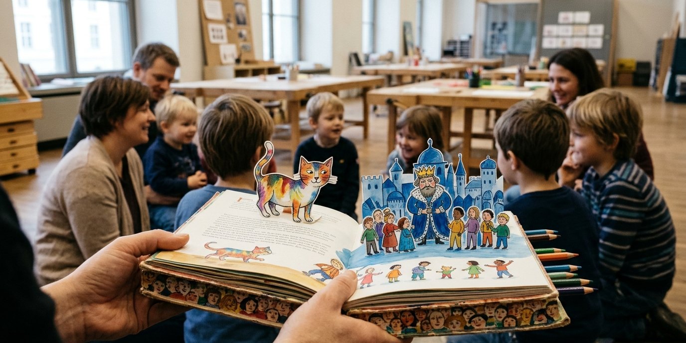 AI-generated image: Picture book reading “Colors for All” — Humboldt Forum im Berliner Schloss