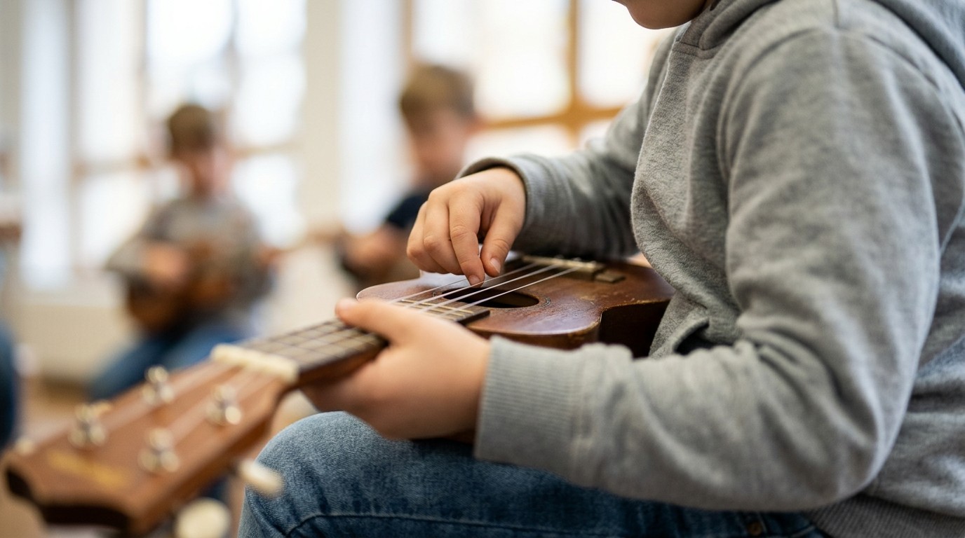 KI-generiertes Bild: Instrumente testen: „Gitarrenzauber“ — Anton-Saefkow-Bibliothek