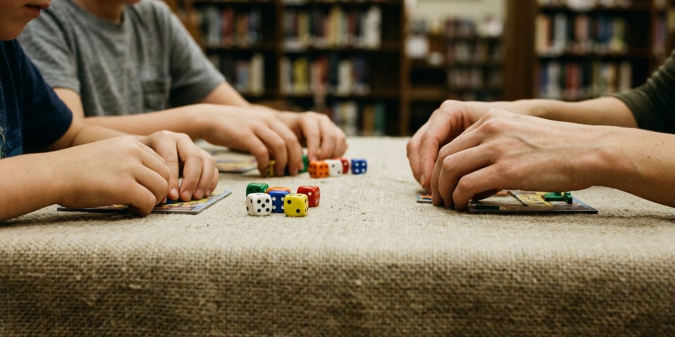 AI-generated image: Board game evening — Gottfried-Benn-Bibliothek
