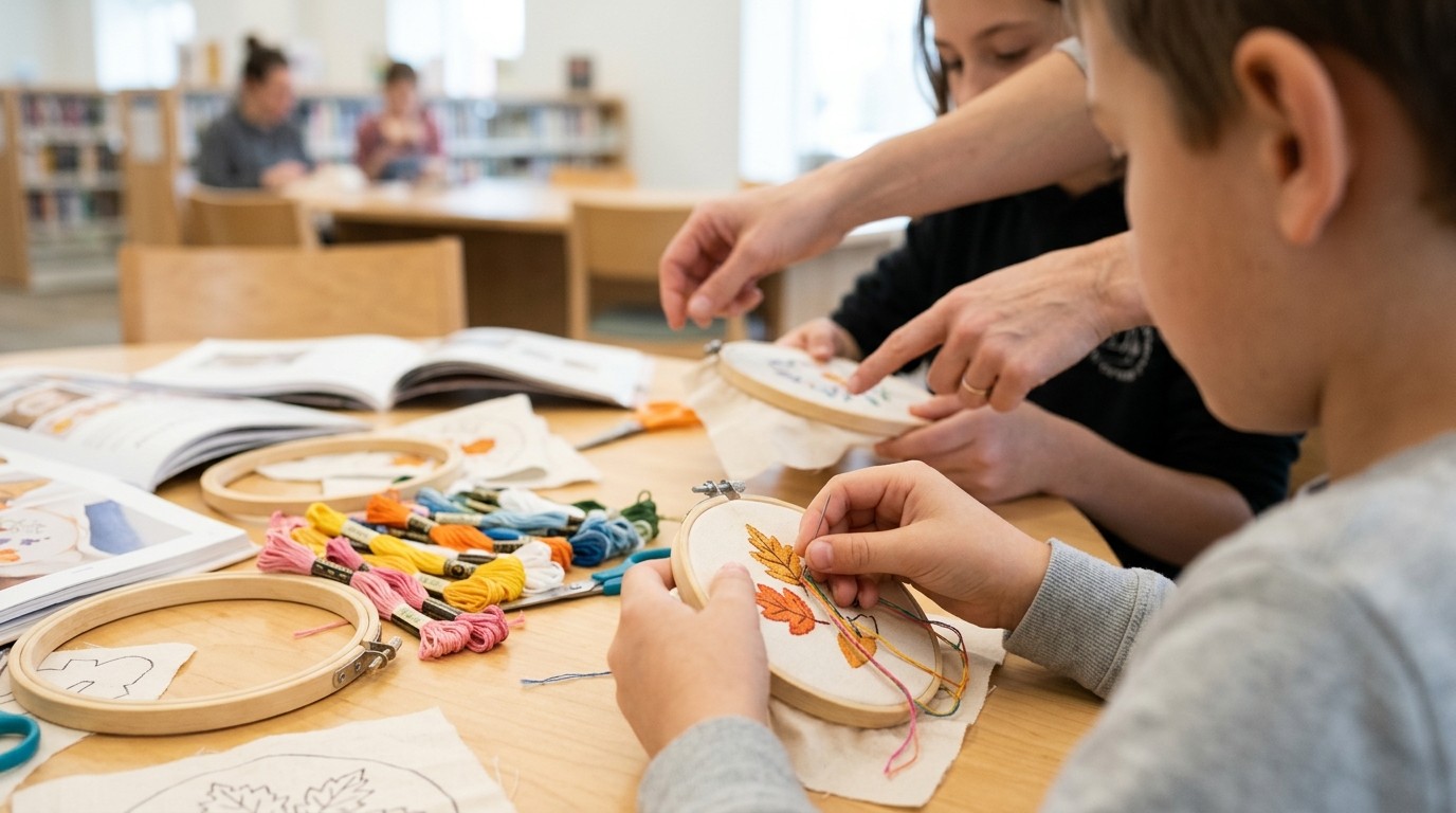 AI-generated image: Embroidery workshop “Herbst in Stichen” — Bodo-Uhse-Bibliothek