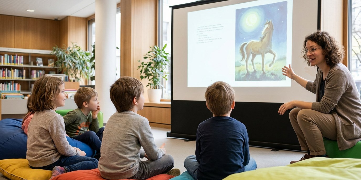 AI-generated image: Illustrated reading “A Horse for Hanukkah” — Schiller-Bibliothek
