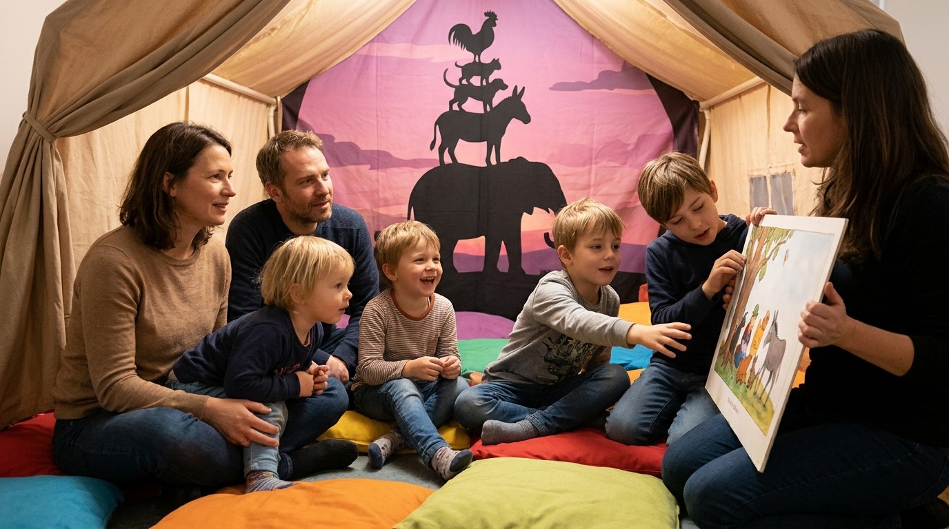 AI-generated image: Storytelling tent: tales worldwide — Gemeinschaftshaus Gropiusstadt