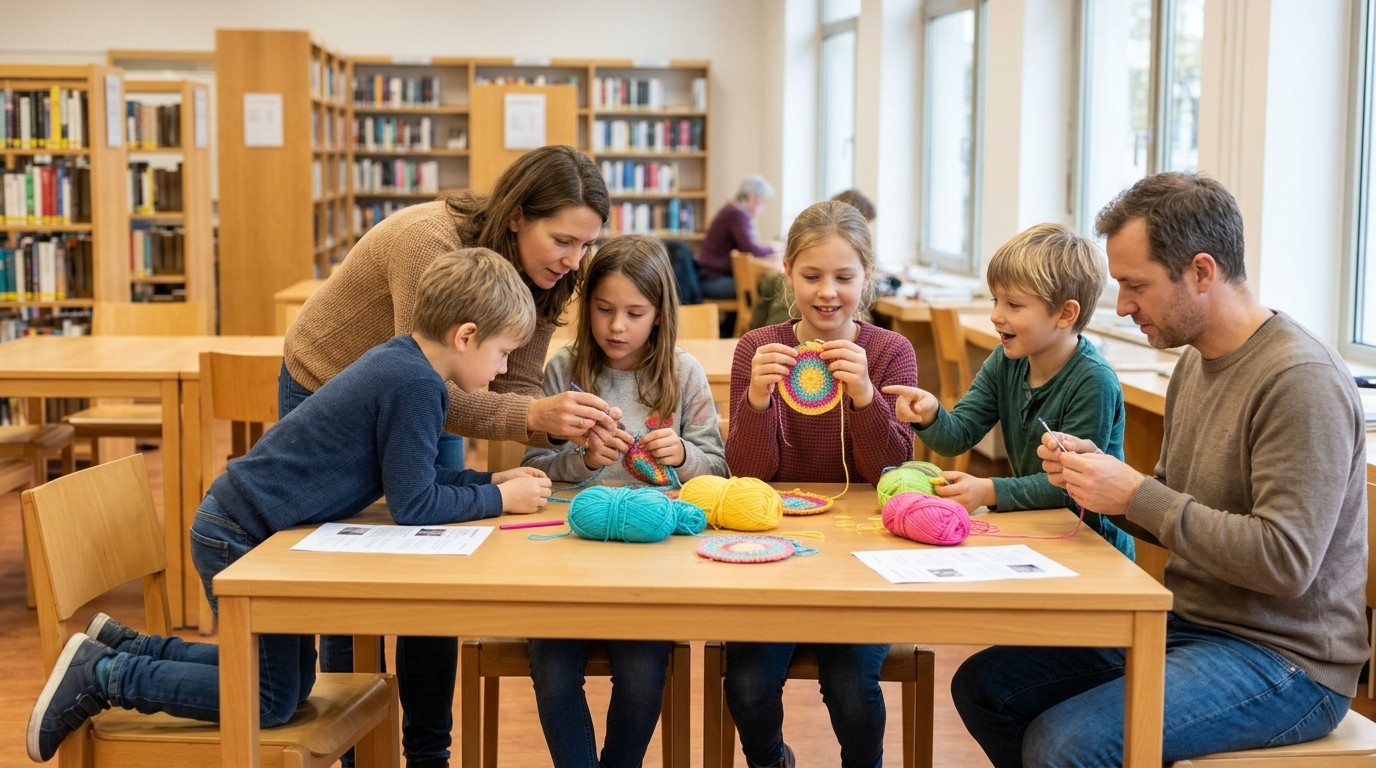 AI-generated image: Crochet together — Bibliothek Tiergarten-Süd
