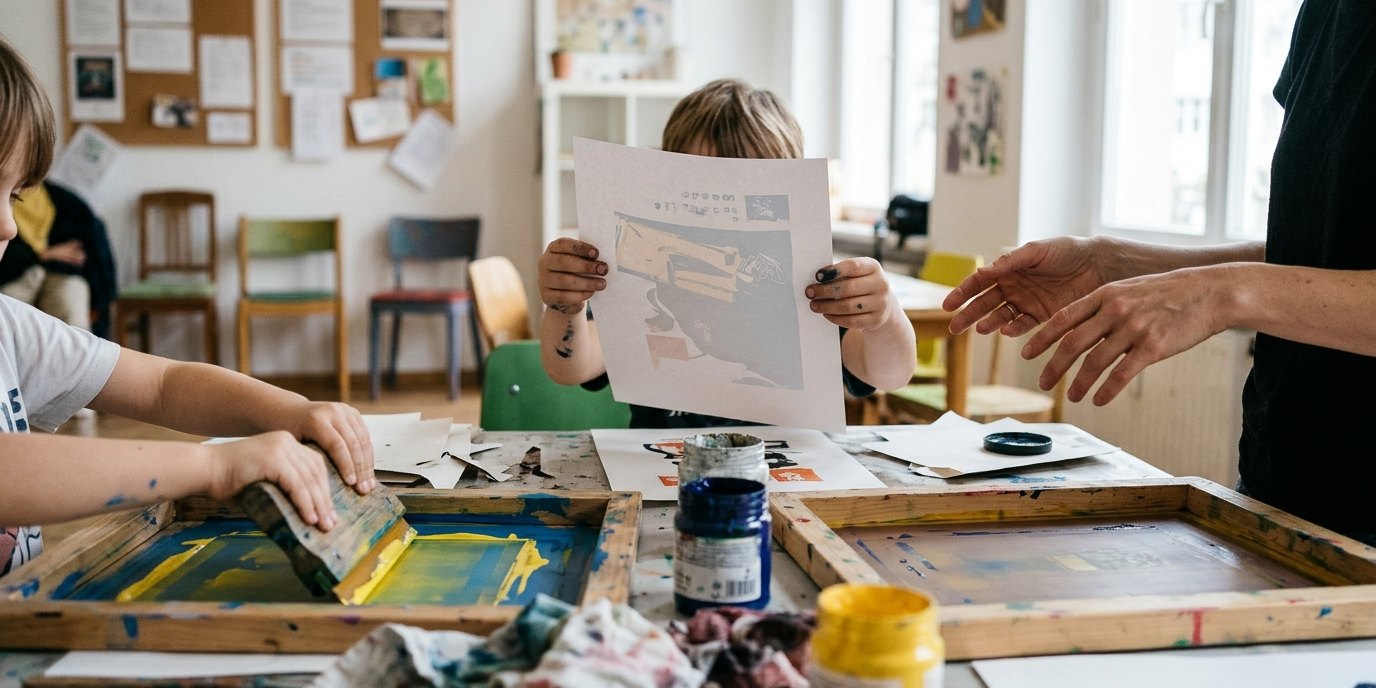 AI-generated image: Open screen printing workshop — Familien- und Nachbarschaftszentrum Kiezanker 36