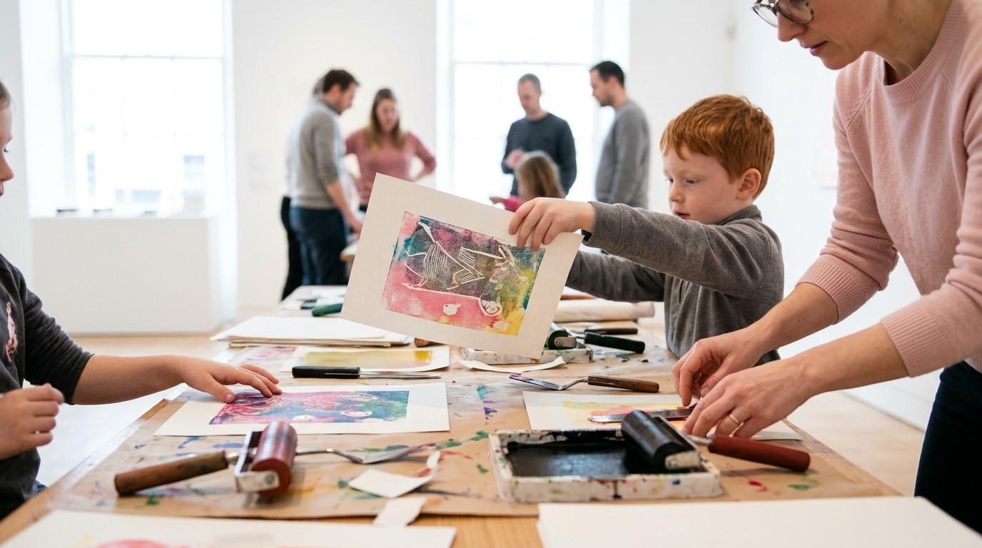 AI-generated image: Family printing workshop — Berlinische Galerie