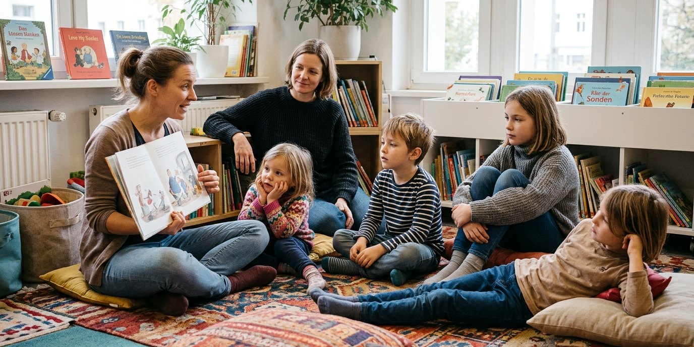 AI-generated image: Storytime — Anton-Saefkow-Bibliothek