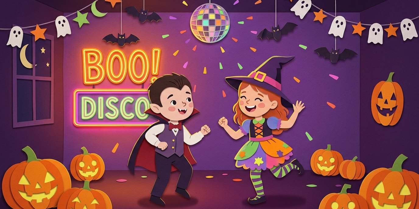 Illustration: Show “Rumi and Jinu: Halloween Portal” — Happytoria Kindergeburtstage