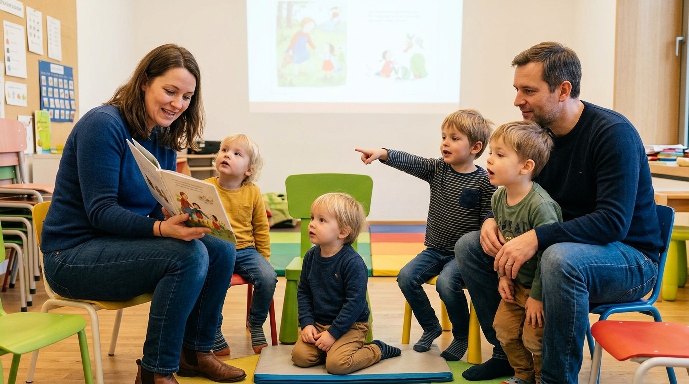 AI-generated image: Picture book reading “Mit Hund, Katz & Ratte auf der Matte” — Humboldt Forum im Berliner Schloss