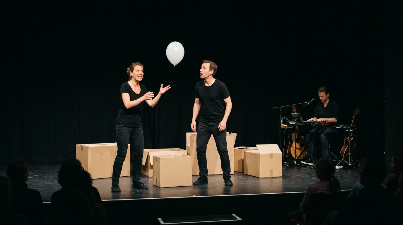 AI-generated image: Musical theatre “aneinander – vorbei” — GRIPS Theater Podewil