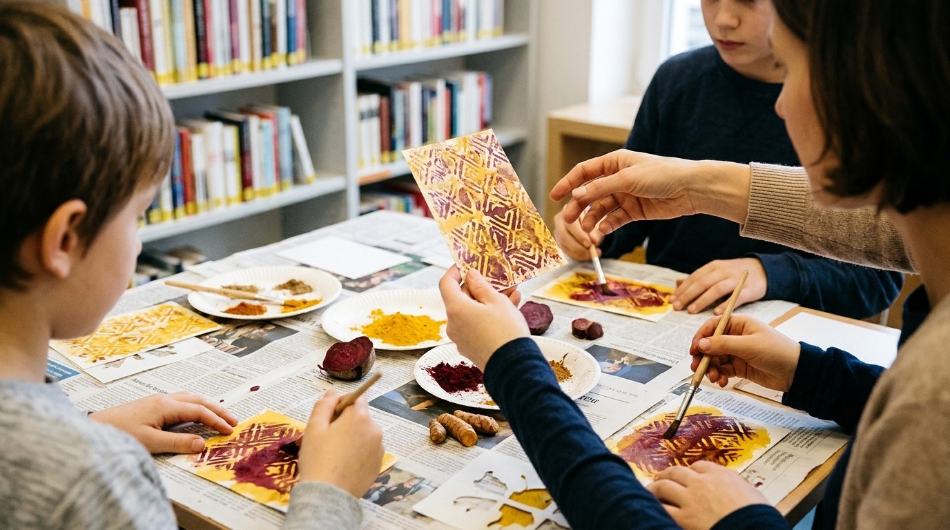 AI-generated image: Workshop “Printing Postcards with Spices” — Ingeborg-Drewitz-Bibliothek