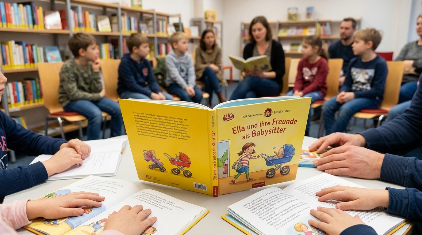 AI-generated image: Reading “Ella und ihre Freunde als Babysitter” — Bibliothek am Wasserturm