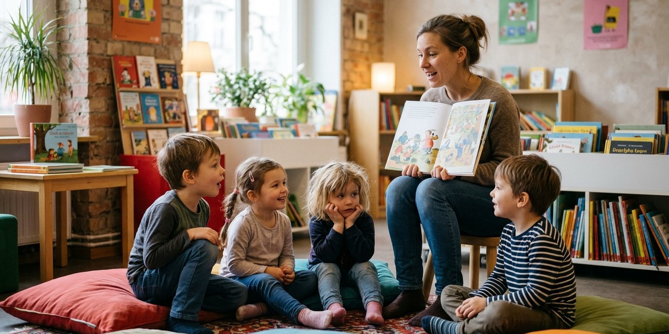 AI-generated image: Reading hour — Stadtteilbibliothek Reinickendorf-West