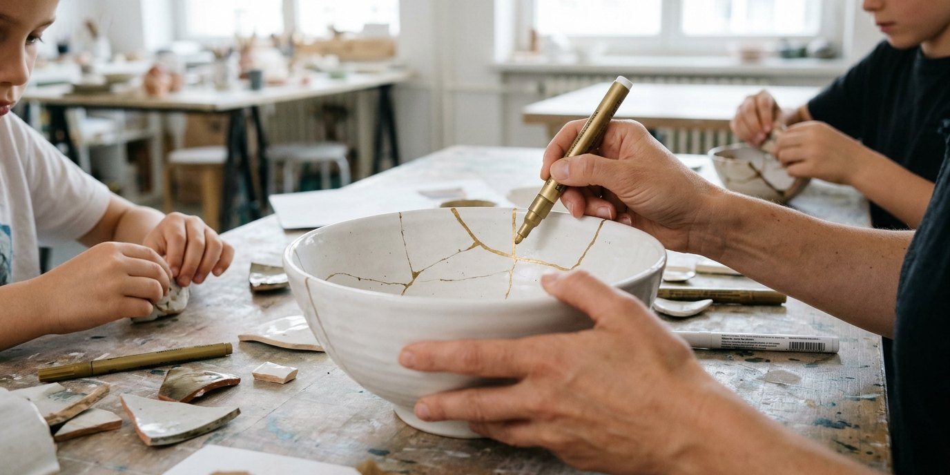 AI-generated image: Ceramic repair workshop “Scherben bringen Glück” — PETRI Berlin