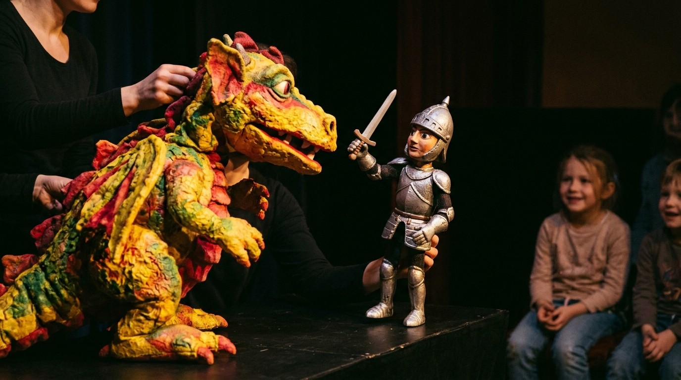 AI-generated image: Puppet show “Die Drachenprobe” — Fliegendes Theater