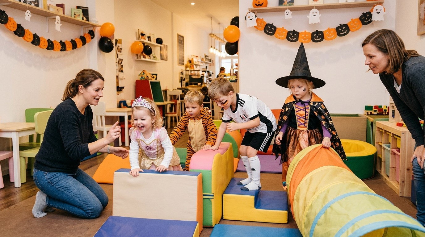 KI-generiertes Bild: Halloweenparty — Familiencafé Rubens