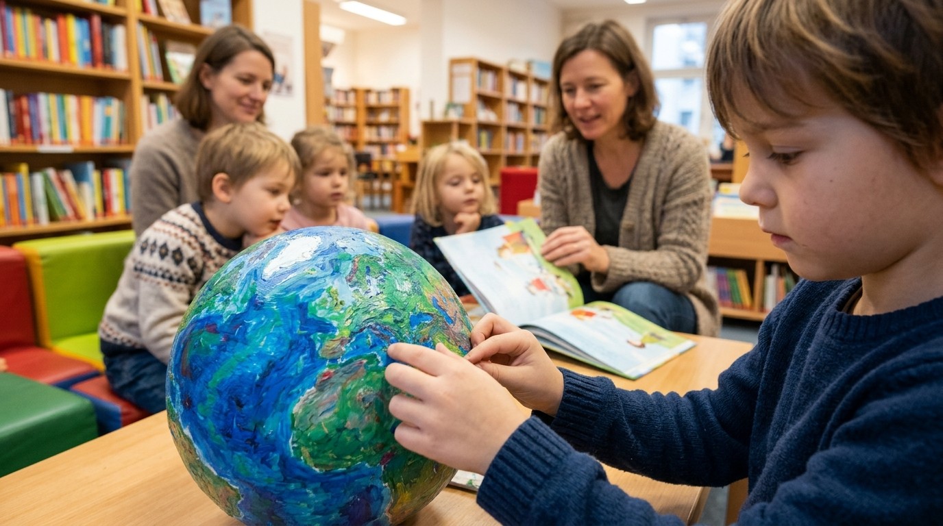 AI-generated image: Children’s Rights Day reading — Mark-Twain-Bibliothek