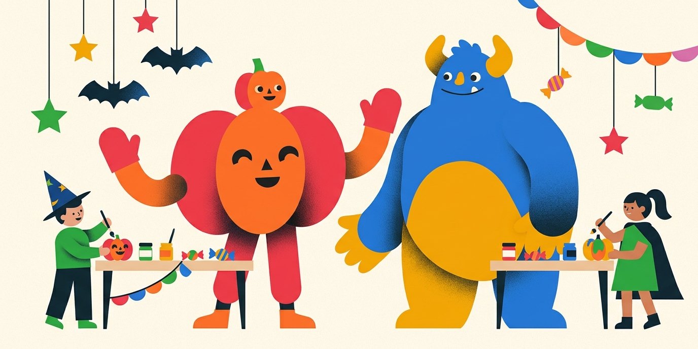 Illustration: Halloween party “Monstrik Party” — Happytoria Kindergeburtstage