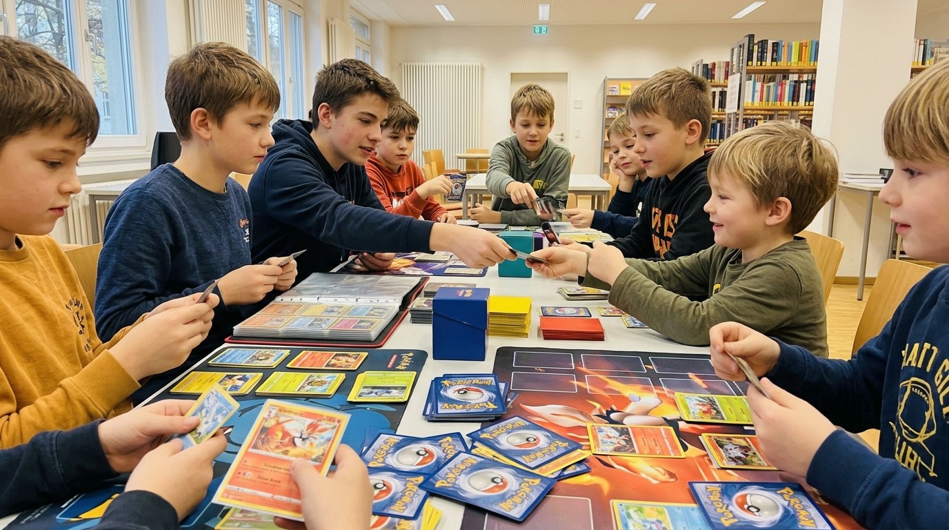 KI-generiertes Bild: Pokémon-Kartentausch — Bettina-von-Arnim-Bibliothek