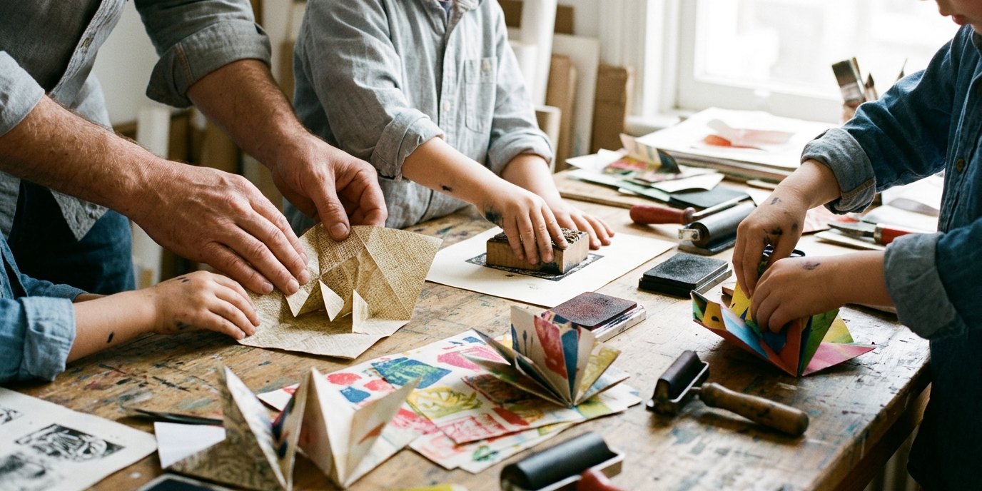 AI-generated image: Paper folding and printing workshop — MiK Jugendkunstschule Berlin Mitte – Haupthaus