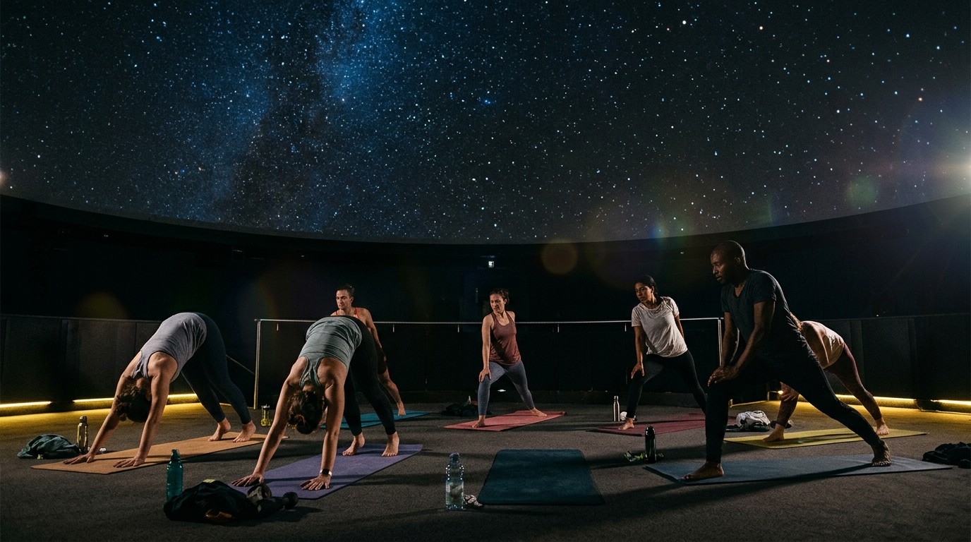 AI-generated image: Yoga under the stars — Zeiss-Großplanetarium