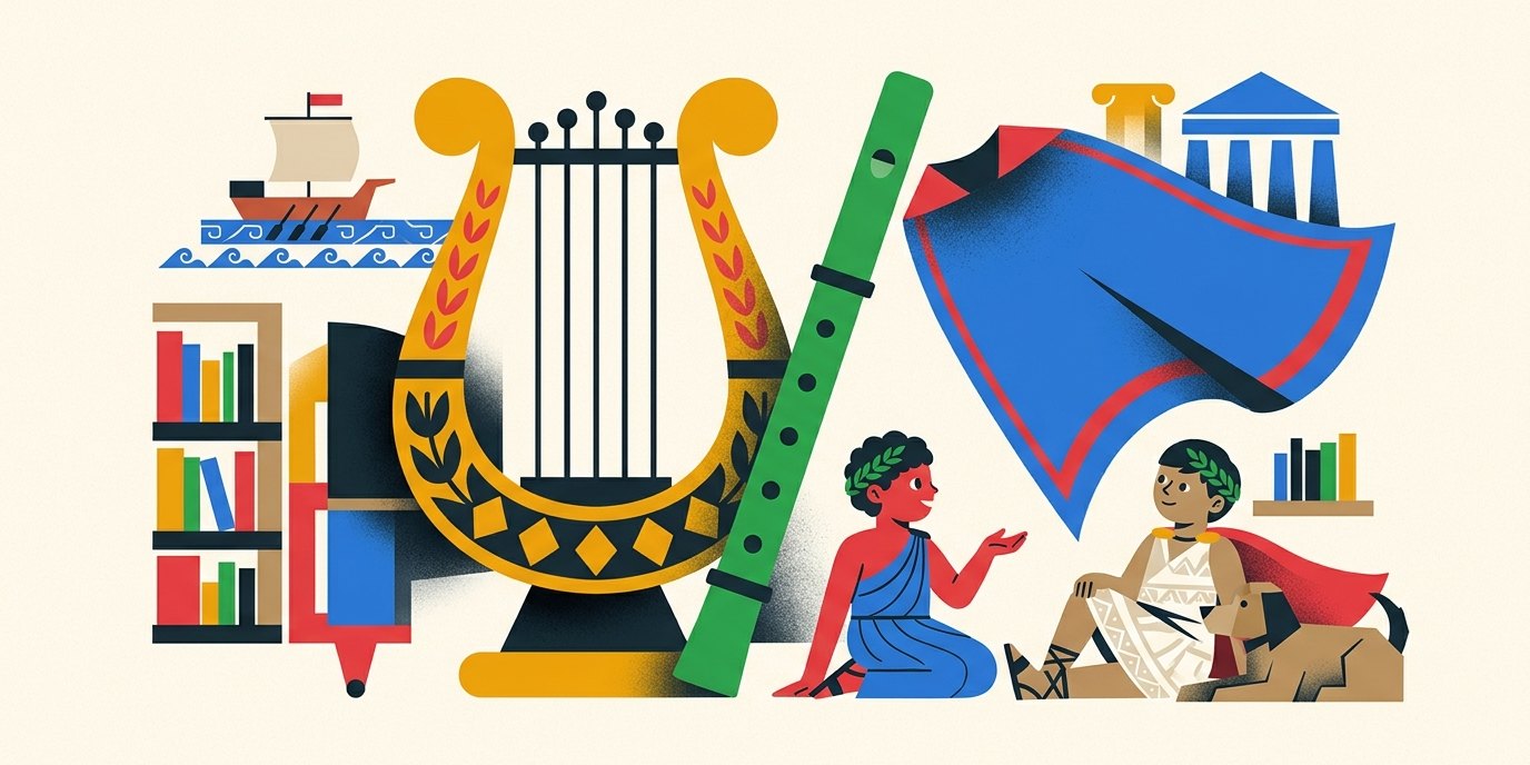 Illustration: Reading in Greek “Argos, der treue Hund des Odysseus” — Ingeborg-Drewitz-Bibliothek