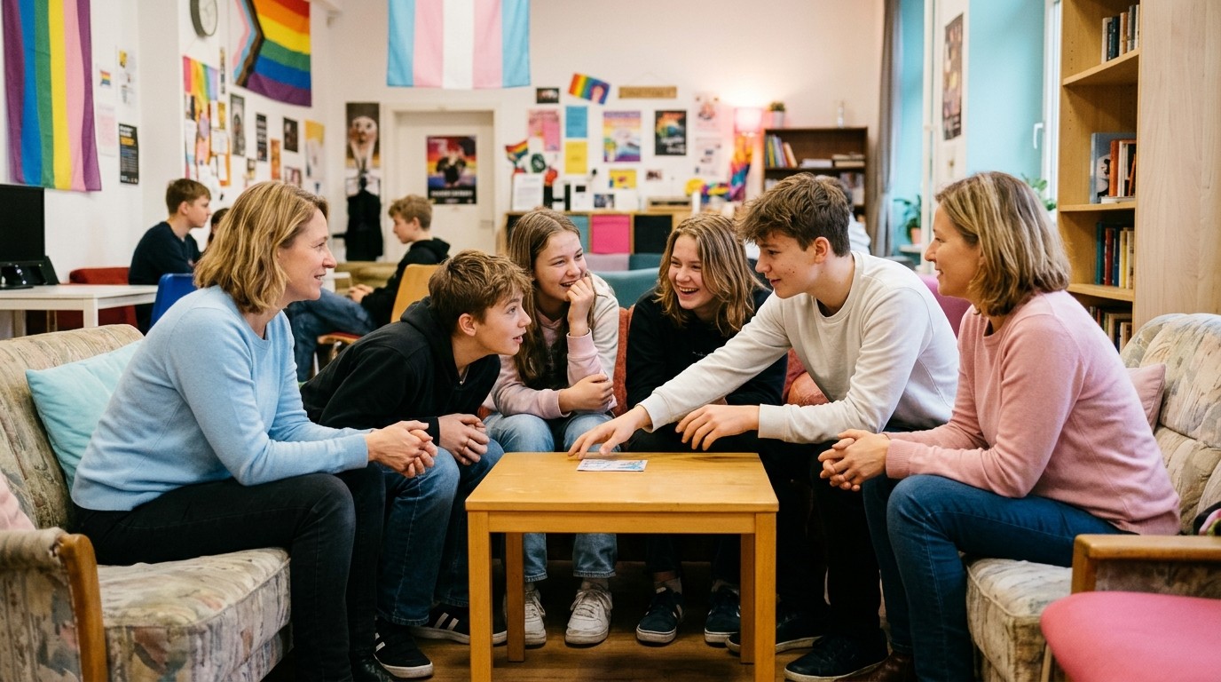 KI-generiertes Bild: Queerer Jugendtreff „Q*topia“ — ComX - Kinder-, Jugend und Familienzentrum