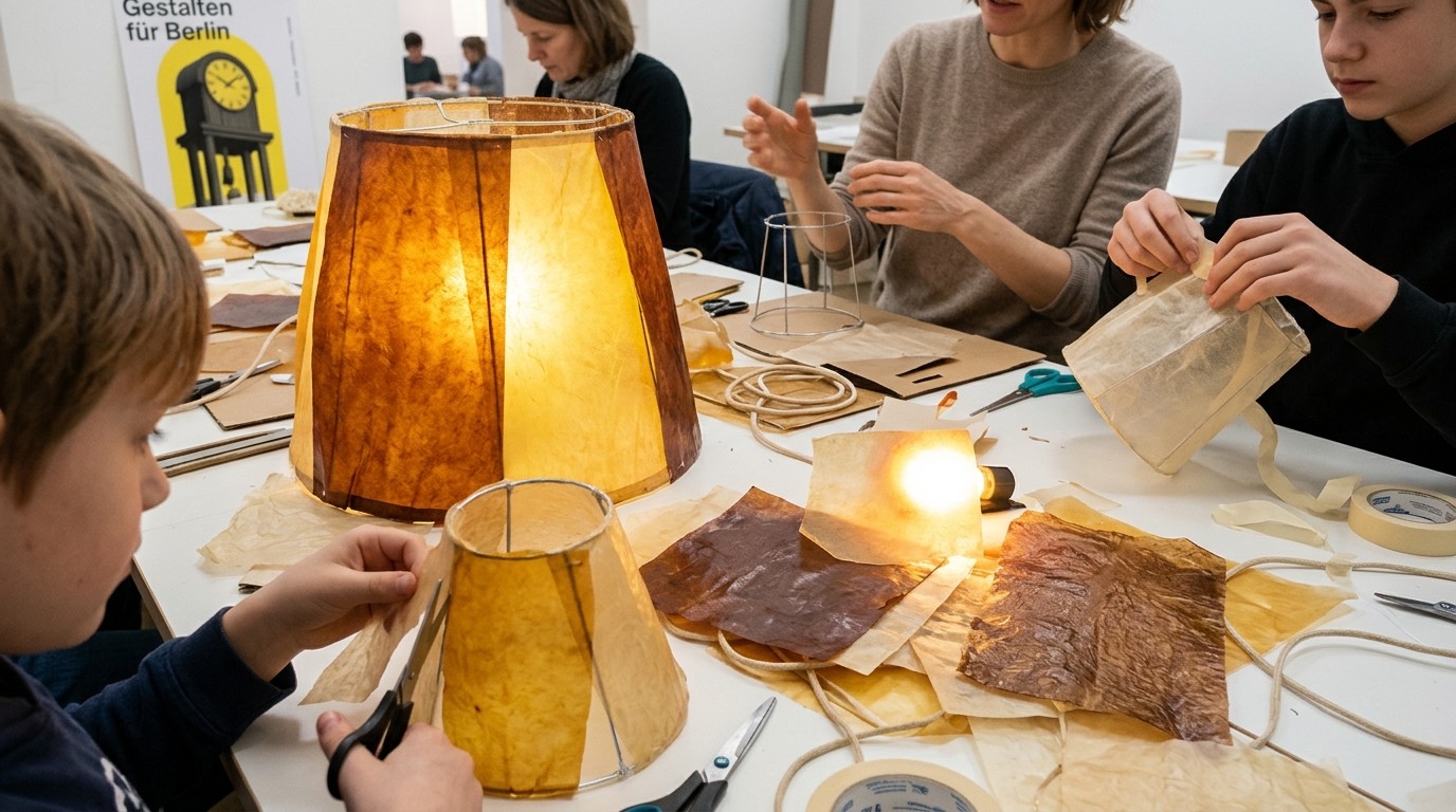 KI-generiertes Bild: Workshop: Lampenschirme aus Apfeltrester — Werkbundarchiv - Museum der Dinge