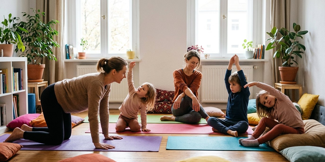 AI-generated image: Yoga and play — Familien- und Begegnungszentrum "Die Brücke"