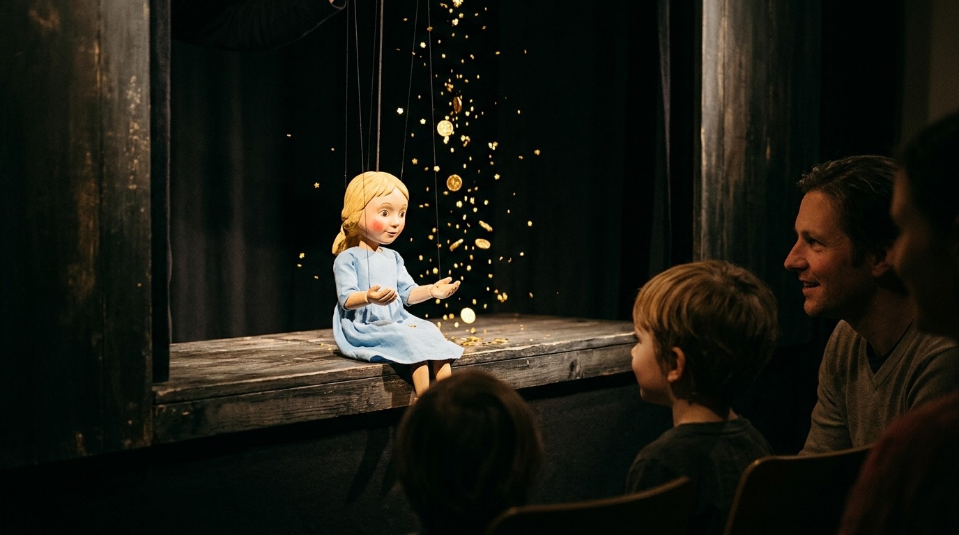 AI-generated image: Puppet show “The Star Money” — Anton-Saefkow-Bibliothek