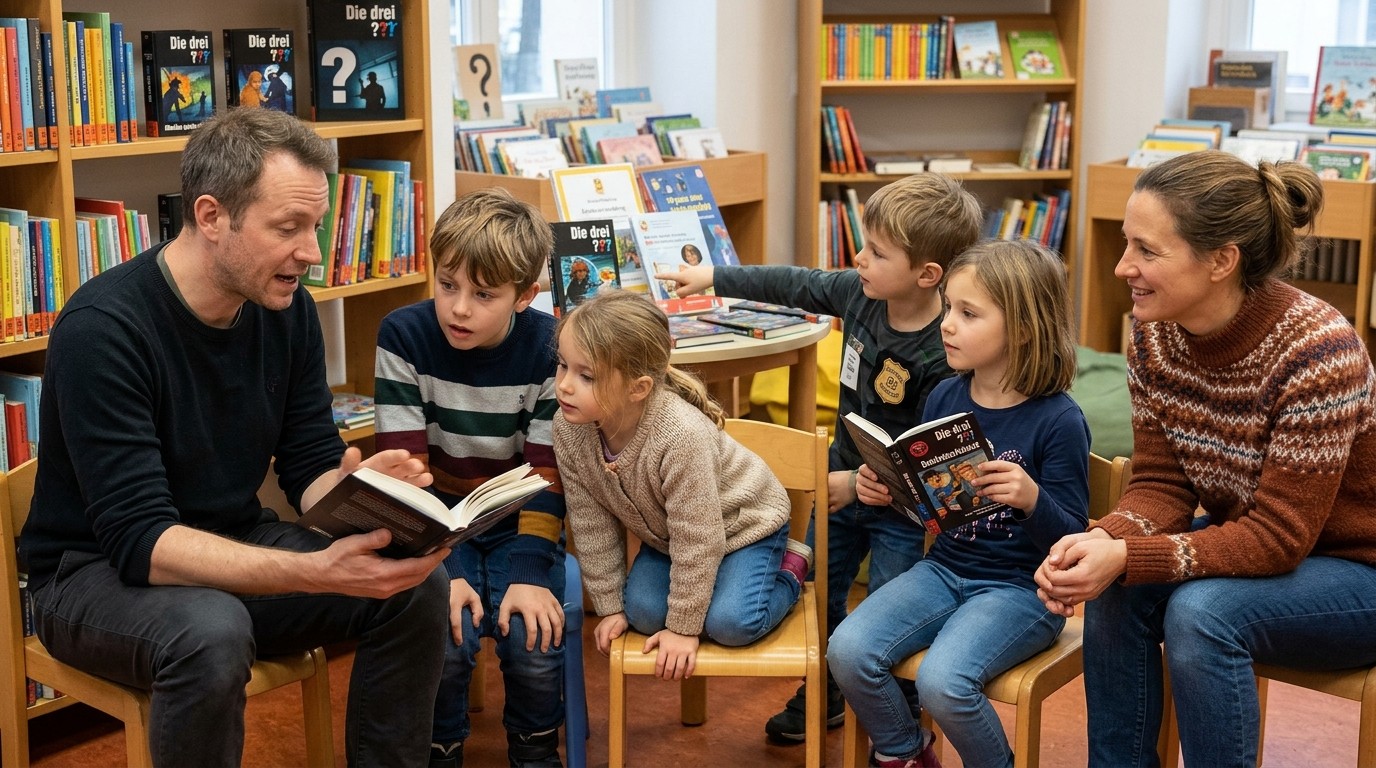 AI-generated image: Reading: Boris Pfeiffer “Die drei ??? Kids” — Bibliothek Lichtenrade
