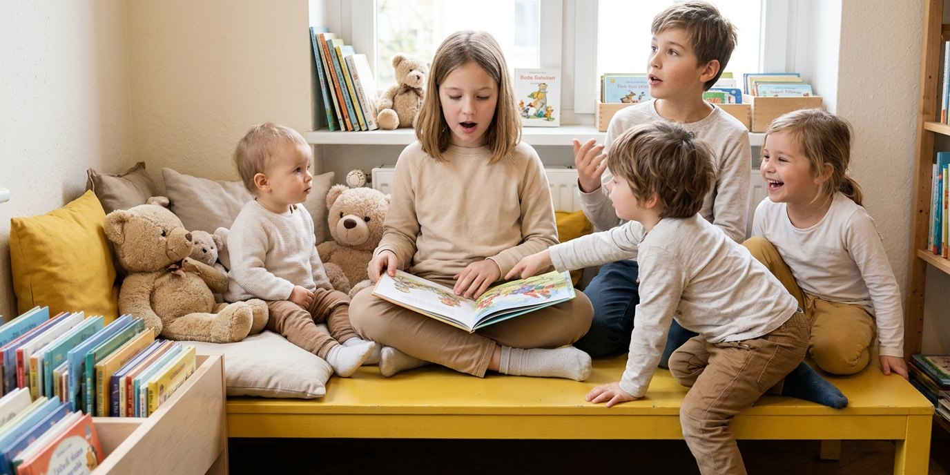 AI-generated image: Reading aloud for children — Hansabibliothek