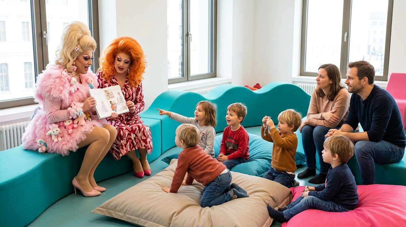 AI-generated image: Picture book reading “Drag Story Hour” — Humboldt Forum im Berliner Schloss