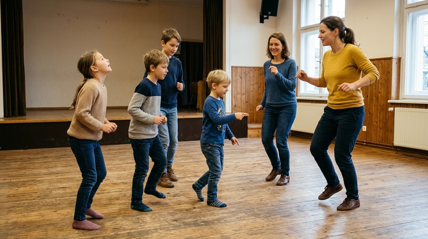 AI-generated image: Children's dance workshop — Natur & Kultur LabSaal Lübars e.V.