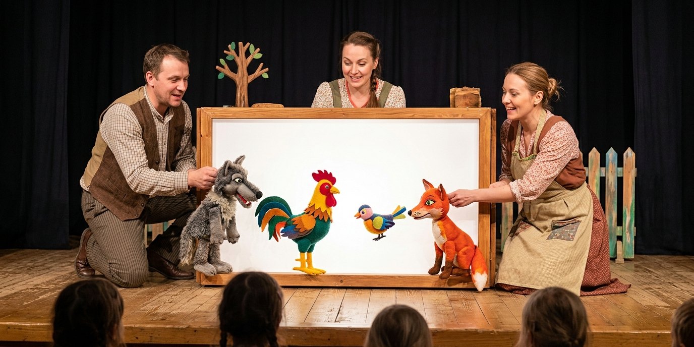 AI-generated image: Puppet show “Das Fest im Tierhäuschen” — Theater Mirakulum