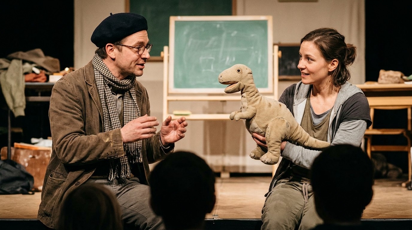 KI-generiertes Bild: Theaterstück „Herr Kluge und ein Dinosaurier in der Schule“ — Theater Jaro