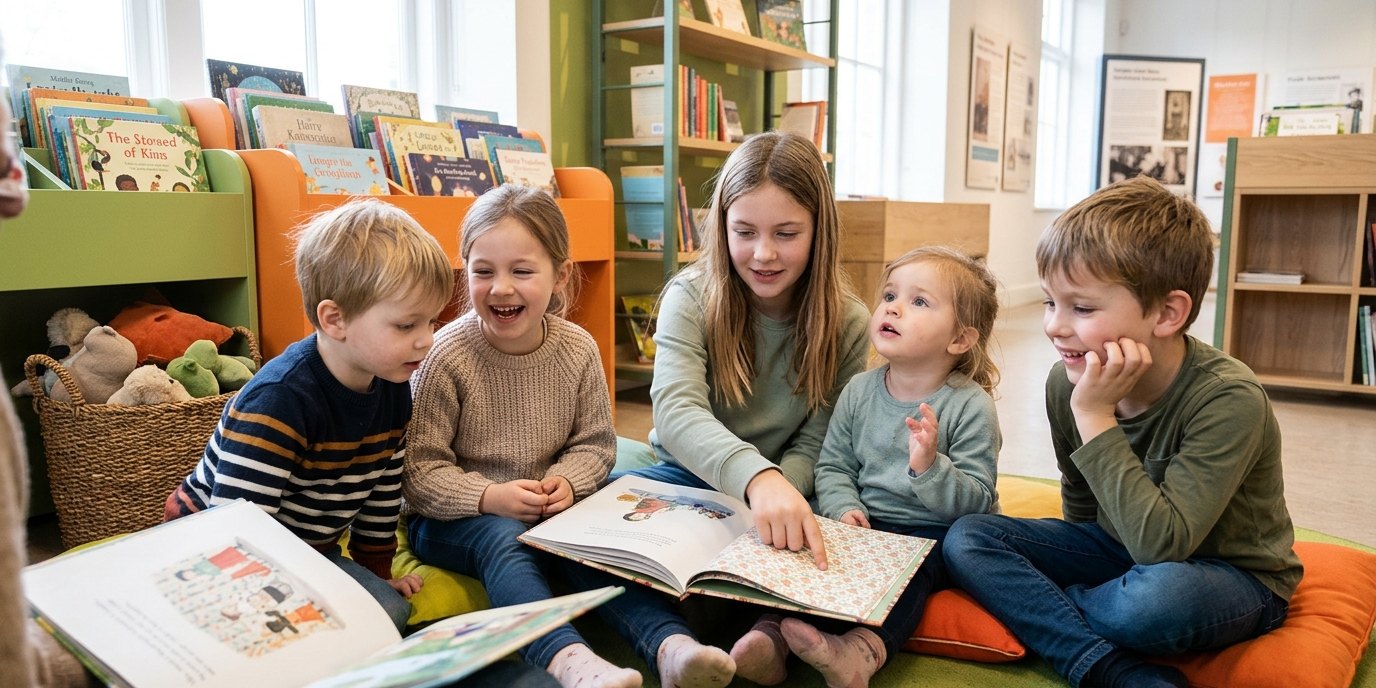 AI-generated image: Portuguese reading “Komm, heute lese ich vor!” — Labyrinth Kindermuseum Berlin
