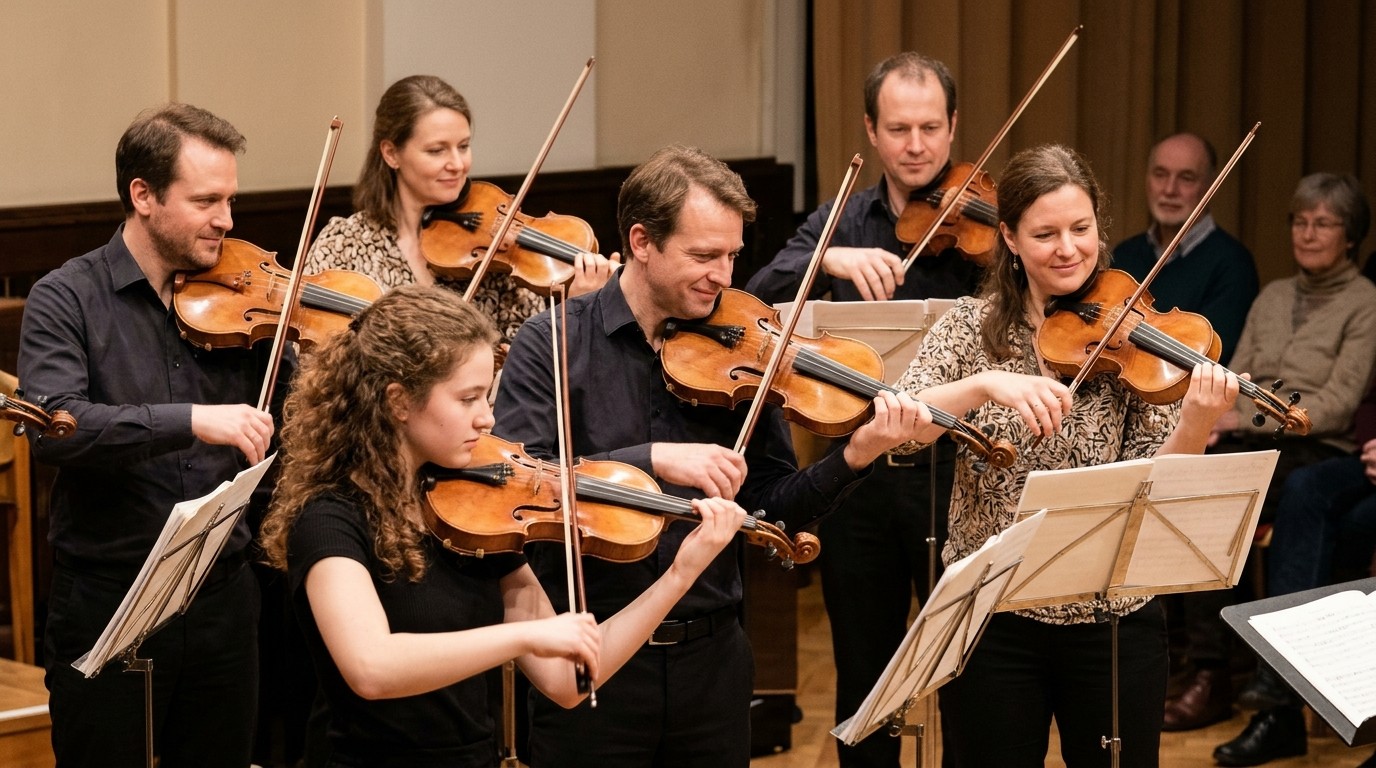 AI-generated image: New Year’s concert at Eliashof — Musikschule Béla Bartók, Standort Senefelderstr.