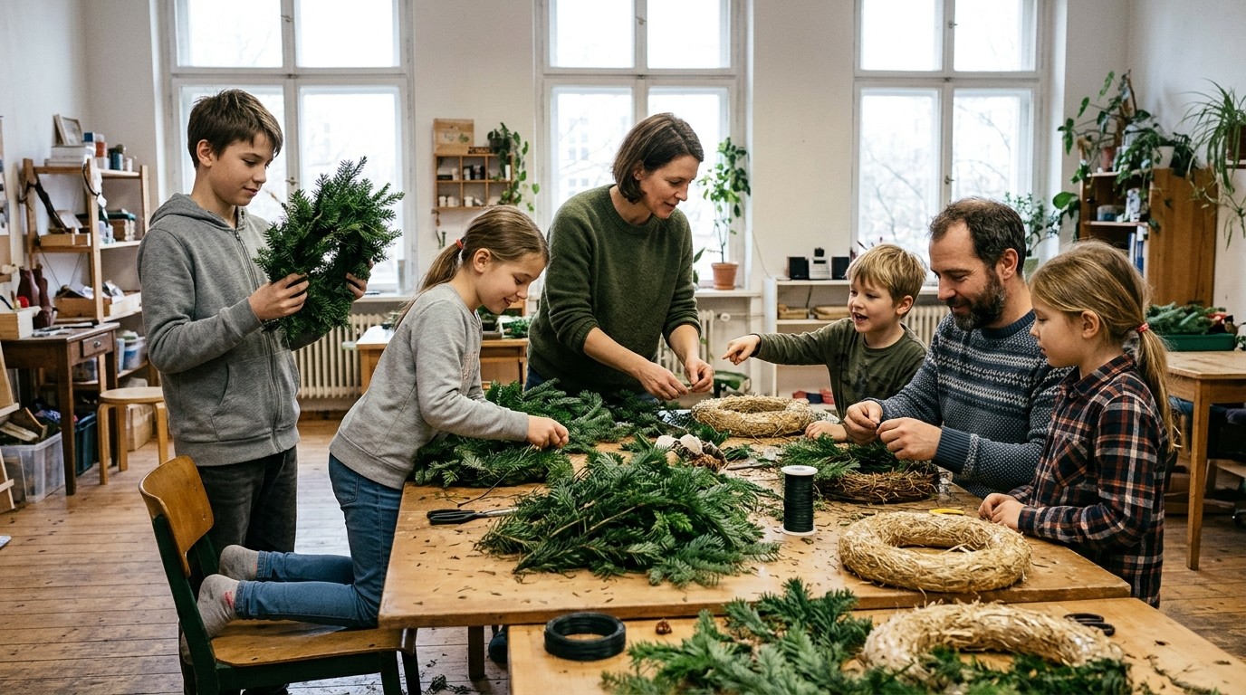 KI-generiertes Bild: Adventskränze binden — Koko Kiezgrün